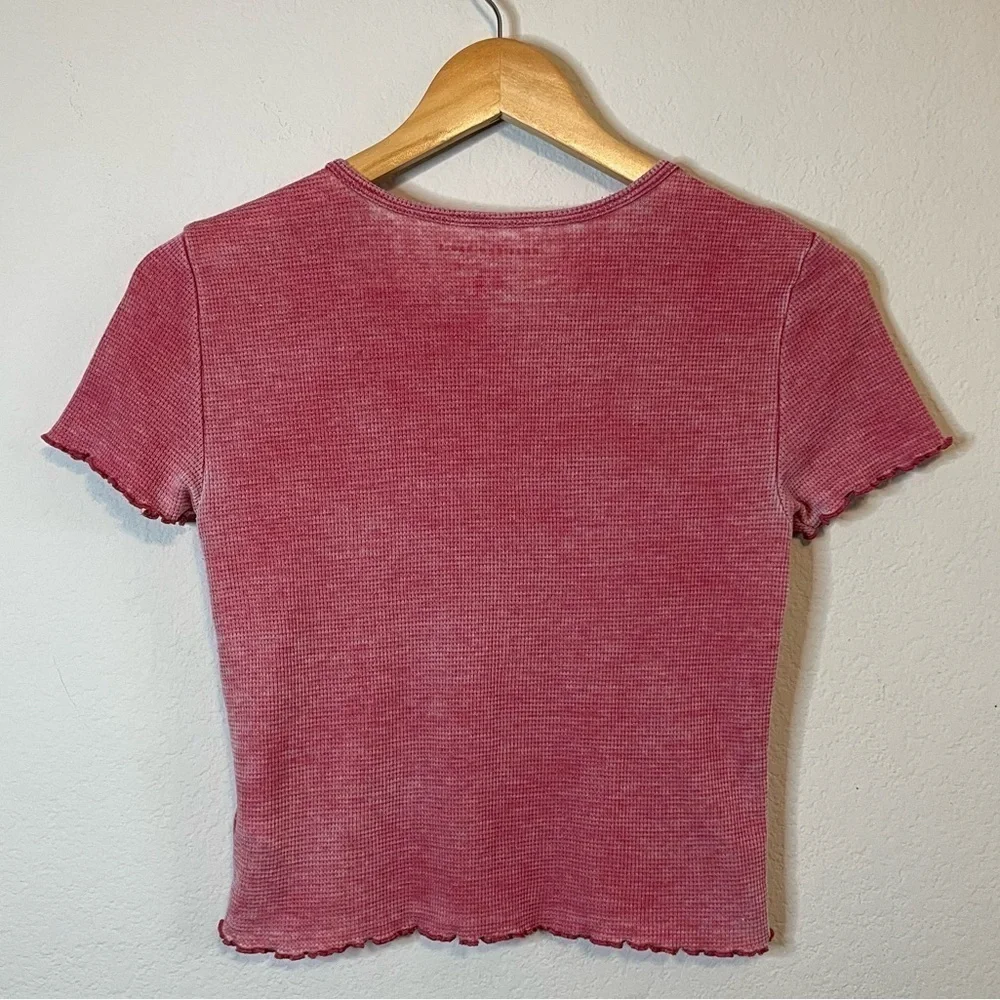 American Eagle Burnout Red Waffle Baby Tee Short Sleeve Lettuce Hem Size Small